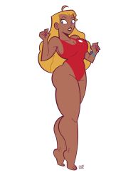 Rule 34 | 1girl, absurdres, ahoge, alvaro gonzalez, barefoot, blonde hair, breasts, commentary, dark-skinned female, dark skin, english commentary, full body, highres, large breasts, lifeguard, lifeguard (lilo &amp; stitch), lilo &amp; stitch, long hair, looking at viewer, one-piece swimsuit, parted lips, red one-piece swimsuit, standing, swimsuit, thick thighs, thighs, tiptoes, toes, watch, white background, wristwatch