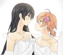 Rule 34 | 10s, 2girls, ahoge, alternate costume, bare shoulders, black hair, blush, breasts, closed mouth, collarbone, couple, dress, elbow gloves, eye contact, face-to-face, female focus, flower, formal, gloves, grey eyes, hair flower, hair ornament, holding hands, hand up, heart, heart necklace, height difference, interlocked fingers, jewelry, koito yuu, long hair, looking at another, medium breasts, multiple girls, nanami touko, neck, necklace, orange hair, pink flower, pink rose, rose, short hair, short ponytail, side-by-side, simple background, small breasts, smile, strapless, strapless dress, string, string of fate, upper body, user exnj2834, wedding, wedding dress, white background, white dress, white gloves, wife and wife, yagate kimi ni naru, yellow eyes, yuri
