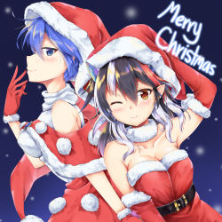 Rule 34 | 2girls, ;), absurdres, akiteru (akiteru98), alternate costume, arm up, armpits, bare shoulders, belt, black belt, black hair, blue background, blue eyes, blue hair, blush, breasts, brooch, capelet, christmas, cleavage, collarbone, commentary request, cowboy shot, doremy sweet, dress, elbow gloves, from side, fur collar, fur trim, gloves, gradient background, grey horns, hair between eyes, hand up, hat, highres, horns, jewelry, kijin seija, long hair, looking at viewer, medium breasts, merry christmas, multicolored hair, multiple girls, one eye closed, pointy ears, pom pom (clothes), profile, red capelet, red dress, red gloves, red hair, red skirt, santa costume, santa hat, shirt, skirt, sleeveless, sleeveless shirt, smile, strapless, strapless dress, streaked hair, touhou, white hair, white shirt