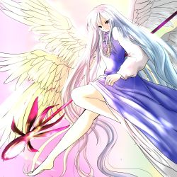 Rule 34 | 1girl, angel wings, barefoot, black eyes, crest, dress, female focus, gradient background, gradient hair, high collar, highres, jewelry, leg up, legs, light smile, long hair, long sleeves, multicolored hair, multiple wings, necklace, nyago, sariel (touhou), seraph, solo, staff, touhou, touhou (pc-98), very long hair, wings