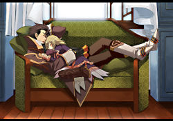 Rule 34 | 1boy, 1girl, alvin (tales), blush, boots, brown hair, coat, couch, curtains, dress, elize lutus, closed eyes, full body, gloves, knee boots, crossed legs, pants, pillow, sitting, sleeping, tales of (series), tales of xillia, teepo (tales), tktg, window