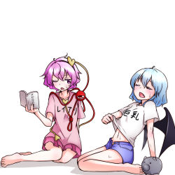 Rule 34 | 2girls, alternate costume, barefoot, bat wings, blue hair, book, closed eyes, clothes writing, contemporary, eyeball, full body, hairband, heart, kameyan, komeiji satori, looking at another, looking to the side, midriff, miniskirt, multiple girls, navel, one eye closed, open book, open mouth, pink eyes, pink hair, remilia scarlet, shirt, short hair, short sleeves, shorts, simple background, sitting, skirt, string, sweat, third eye, touhou, unbuttoned, white background, wings