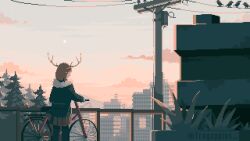 Rule 34 | 1girl, animated, animated gif, antlers, artist name, bicycle, bird, brown hair, brown skirt, building, cityscape, cloud, commentary, english commentary, frogapples, fur-trimmed jacket, fur trim, highres, horns, jacket, long sleeves, looking afar, looping animation, original, outdoors, pantyhose, pine tree, pixel art, power lines, railing, skirt, solo, tree, utility pole, wind