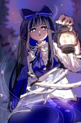 Rule 34 | 1girl, :o, arm up, black hair, blue bow, blue dress, blue eyes, blunt bangs, blurry, blurry background, bow, commentary request, dress, eyebrows hidden by hair, from below, hair bow, highres, holding, holding lantern, lantern, light blush, long hair, mixed-language commentary, night, night sky, one-hour drawing challenge, open mouth, pointy ears, shouxishao jiuyuan, sidelocks, sky, solo, star-shaped pupils, star (symbol), star sapphire, symbol-shaped pupils, touhou, very long hair