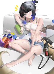 Rule 34 | 1girl, absurdres, arknights, arm strap, bare arms, bare legs, bare shoulders, barefoot, bird, black hair, breasts, camisole, commentary, crop top, cutoffs, denim, denim shorts, eunectes (arknights), grey eyes, high priest (arknights), highres, large breasts, lonn, looking at viewer, midriff, navel, paint roller, pointy ears, short hair, short shorts, shorts, snake tail, spray can, stomach, tail, thighs, underboob