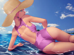 Rule 34 | 1girl, artist name, ass, back, bare shoulders, blue eyes, cloud, cowboy shot, day, hair ornament, hat, highres, maeve (paladins), paladins, pink hair, sky, solo, swimsuit, upper body, vocox, water