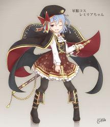 Rule 34 | 1girl, ;d, absurdres, aiguillette, alternate costume, ascot, bat wings, belt, belt boots, beret, black cape, black footwear, black pantyhose, black vest, blue hair, blush, boots, brooch, brown skirt, cape, collared shirt, commentary request, coreytaiyo, cross, crossed bangs, dated, emblem, eyelashes, fang, floral print, frilled skirt, frills, full body, glitter, golden gun, gun, handgun, hat, hat ribbon, high heel boots, high heels, highres, holding, holding gun, holding weapon, iron cross, jewelry, jitome, knee boots, legs apart, light blue hair, light blush, long sleeves, looking at viewer, luger p08, military, military uniform, one eye closed, open mouth, pantyhose, platform footwear, pleated skirt, red eyes, red ribbon, reflective floor, remilia scarlet, ribbon, saber (weapon), sheath, shirt, short hair with long locks, signature, skirt, sleeve cuffs, smile, solo, sparkle, standing, sword, tachi-e, texture, tongue, touhou, translation request, uniform, unsheathing, vest, weapon, white shirt, wings