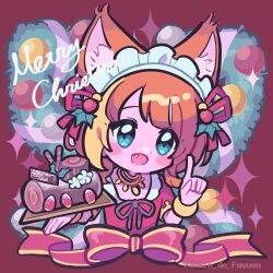 Rule 34 | 1girl, :d, animal ears, aqua eyes, blonde hair, blush stickers, bracelet, brown ribbon, cake, christmas wreath, collared shirt, commentary, dot nose, fang, food, fox ears, hair ornament, hair ribbon, haruna konomi, highres, holding, holding cake, holding food, holly hair ornament, index finger raised, jewelry, looking at viewer, magia record: mahou shoujo madoka magica gaiden, mahou shoujo madoka magica, maid headdress, merry christmas, multicolored hair, neck ribbon, necklace, official alternate costume, open mouth, orange hair, puffy short sleeves, puffy sleeves, red ribbon, red shirt, ribbon, shirt, short hair, short sleeves, smile, solo, sparkle, streaked hair, symbol-only commentary, takenoko mgrc, twitter username, upper body, wreath