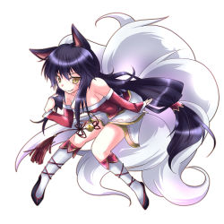 Rule 34 | 1girl, ahri (league of legends), animal ears, bare shoulders, blue hair, breasts, cleavage, detached sleeves, elk (huge), facial mark, fox ears, fox tail, kneehighs, korean clothes, league of legends, long hair, multiple tails, ponytail, smile, socks, solo, tail, whisker markings, white background, yellow eyes