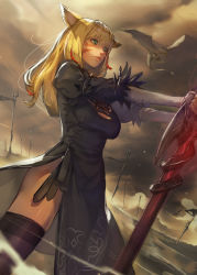 Rule 34 | 1girl, animal ears, battlefield, black thighhighs, blonde hair, cat ears, cleavage cutout, clothing cutout, cloud, cloudy sky, cosplay, dragon, facial mark, feather-trimmed sleeves, feather trim, final fantasy, final fantasy xiv, flying, glowing, glowing weapon, green eyes, hide (hideout), highres, holding, holding sword, holding weapon, long hair, miqo&#039;te, multicolored hair, nier:automata, nier (series), orange hair, outdoors, polearm, puffy sleeves, sky, slit pupils, smoke, spear, standing, sword, thighhighs, warrior of light (ff14), weapon, 2b (nier:automata) (cosplay)