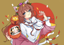 Rule 34 | 1girl, animal ears, bell, blue eyes, bow, breasts, brown background, brown hair, cat ears, cat tail, confetti, daruma doll, fang, hand up, head wreath, highres, long hair, medium breasts, noi noi 99, original, red ribbon, ribbon, shirt, solo, tail, tail bell, tail ornament, white bow, white shirt