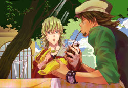 Rule 34 | 10s, 2boys, bad id, bad pixiv id, barnaby brooks jr., blonde hair, bracelet, brown hair, drinking, facial hair, glasses, green eyes, hat, highres, hot dog, jacket, jewelry, kaburagi t. kotetsu, male focus, multiple boys, nature, necklace, outdoors, plant, pmppn, red jacket, sky, soda, stubble, tiger &amp; bunny, upper body, vest, waistcoat, watch, wristwatch