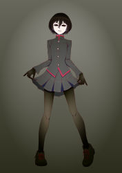 Rule 34 | 1girl, absurdres, alternate costume, black eyes, black footwear, black gloves, black hair, black pantyhose, black skirt, bob cut, breasts, clothes lift, colored skin, commentary, curtsey, empty eyes, full body, gakuran, gloves, gradient background, gradient eyes, grey background, hair between eyes, highres, jacket, legs apart, lifted by self, light smile, looking at viewer, monogatari (series), multicolored eyes, ogre (artist), oshino ougi, pale skin, pantyhose, parted lips, pleated skirt, school uniform, shoes, short hair, skirt, skirt lift, small breasts, solo, white skin