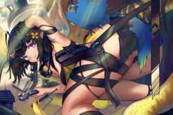 Rule 34 | 1girl, antenna hair, arknights, armpits, ass, bag, belt buckle, bird, black gloves, black hair, blue eyes, blue hair, blurry, blurry background, buckle, eunectes (arknights), feet out of frame, gloves, hair ornament, hairclip, highres, kneeling, lamp, light bulb, medium hair, multicolored hair, open mouth, plastic bag, pouch, red hair, sakrad, screwdriver, solo, tail, thigh strap, twitter bird, wrench