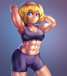 Rule 34 | 1girl, abs, alice margatroid, alternate costume, armpits, bike shorts, blonde hair, blue eyes, breasts, closed mouth, commentary, contrapposto, cookie (touhou), cowboy shot, frilled hairband, frills, hairband, looking at viewer, medium breasts, muscular, muscular female, navel, pink hairband, purple shorts, purple sports bra, sakuranbou (cookie), short hair, shorts, smile, solo, sports bra, sweat, touhou, yilx