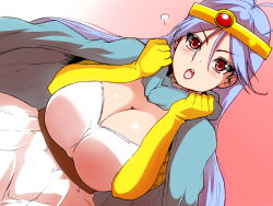 Rule 34 | 1girl, :o, antenna hair, blue cape, blue hair, blush, breasts, cape, circlet, cleavage, dragon quest, dragon quest iii, dress, dutch angle, elbow gloves, gloves, gradient background, hair between eyes, isna (footprintsofisna), large breasts, long hair, looking at viewer, open mouth, red eyes, round teeth, sage (dq3), solo, straight hair, teeth, white dress, yellow gloves