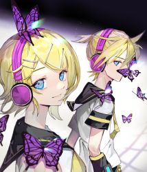 Rule 34 | 1boy, 1girl, arm warmers, black collar, black shorts, blonde hair, blue eyes, bug, butterfly, butterfly on nose, butterfly on shoulder, collar, collared shirt, commentary, hair ornament, hairclip, headphones, highres, insect, kagamine len, kagamine rin, light smile, lips, looking at viewer, looking to the side, migikata no chou (vocaloid), neckerchief, necktie, purple butterfly, sailor collar, school uniform, shirt, short hair, short ponytail, short sleeves, shorts, soyaka, spiked hair, standing, swept bangs, upper body, vocaloid, white shirt, yellow neckerchief