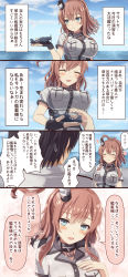 Rule 34 | 1boy, 1girl, admiral (kancolle), aircraft, airplane, anchor, blue eyes, breast pocket, breasts, brown hair, comic, dress, grey dress, highres, holding, kantai collection, large breasts, ootori (kyoya-ohtori), pocket, ponytail, saratoga (kancolle), saratoga mk ii (kancolle), side ponytail, sidelocks, smokestack, smokestack hair ornament, translation request