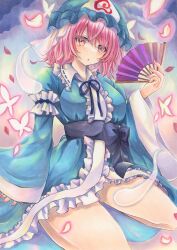 Rule 34 | 1girl, 2424yume, absurdres, blue hat, blue kimono, bug, butterfly, frilled kimono, frills, ghost, hand fan, hat, highres, holding, holding fan, insect, japanese clothes, kimono, long sleeves, marker (medium), mob cap, pink eyes, pink hair, saigyouji yuyuko, sleeve garter, solo, touhou, traditional media, triangular headpiece, wide sleeves