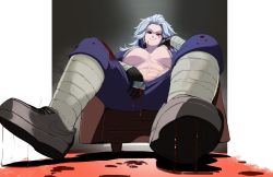 Rule 34 | 1girl, abs, boots, breasts, chair, dorohedoro, gloves, hair between eyes, highres, jacket, long hair, looking at viewer, muscular, muscular female, navel, naze, noi (dorohedoro), pants, red eyes, simple background, solo, track jacket, track pants, track suit, white hair