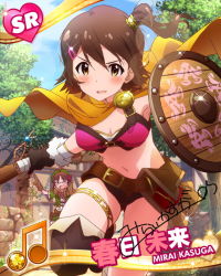 Rule 34 | 10s, 2girls, akizuki ritsuko, armpits, beamed quavers, belt, bokken, brown eyes, brown hair, cape, card (medium), character name, character signature, gloves, hair ornament, hairclip, idolmaster, idolmaster (classic), idolmaster million live!, kasuga mirai, looking at viewer, multiple girls, musical note, navel, official art, one side up, shield, signature, solo focus, sword, thighlet, weapon, wooden sword