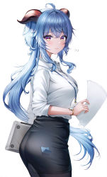 Rule 34 | 1girl, :t, ahoge, alternate costume, ass, bad id, bad twitter id, black pantyhose, black skirt, blue hair, breasts, closed mouth, collared shirt, from side, ganyu (genshin impact), genshin impact, goat horns, gradient eyes, highres, holding, holding laptop, holding paper, horns, id card, lanyard, laptop, long hair, looking at viewer, looking to the side, medium breasts, multicolored eyes, office lady, pantyhose, paper, pencil skirt, pout, printer, purple eyes, raised eyebrows, shirt, sidelocks, skirt, solo, sticky note, taut clothes, very long hair, watch, wavy hair, white background, white shirt, wol (wol 927), wristwatch, yellow eyes