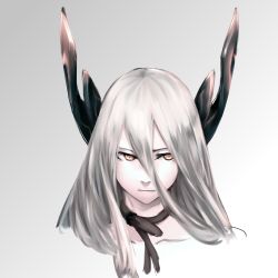 Rule 34 | 1girl, absurdres, abyssal ship, closed mouth, collar, collarbone, colored skin, enemy zuikaku (warship girls r), gradient background, grey background, hair between eyes, highres, horns, long hair, looking to the side, portrait, solo, warship girls r, white background, white hair, white skin, yan wen zi, yellow eyes