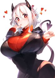 Rule 34 | 1girl, absurdres, blush, breasts, demon tail, formal, heart, heart-shaped pupils, helltaker, highres, horns, huge breasts, maeshimashi, modeus (helltaker), nails, office lady, red eyes, suit, sweater, symbol-shaped pupils, tail, white hair