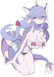 Rule 34 | 1girl, animal ears, aruri (whooo-ya), bikini, blue hair, blush, borrowed character, breasts, choker, cleavage, closed mouth, collarbone, commentary, frilled choker, frills, furry, furry female, hand on own chest, highres, hufy, large breasts, long hair, looking at viewer, original, pink eyes, simple background, solo, swimsuit, symbol-only commentary, tail, thighs, white background, white bikini, white choker