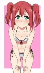 Rule 34 | 10s, 1girl, bikini, blush, border, breasts, cleavage, collarbone, commentary request, embarrassed, frilled bikini, frills, front-tie bikini top, front-tie top, green eyes, hands on own thighs, kurosawa ruby, leaning forward, looking at viewer, love live!, love live! sunshine!!, navel, outside border, red hair, side-tie bikini bottom, small breasts, solo, standing, swimsuit, turkey min, two side up, white bikini, white border