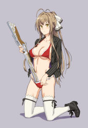 Rule 34 | 10s, 1girl, ahoge, amagi brilliant park, antenna hair, bikini, blush, boots, bow, breasts, brown eyes, brown hair, cleavage, cross-laced footwear, female focus, formal, gun, hair bow, hair ribbon, kaburagi yuki, kneeling, lace-up boots, large breasts, legs, long hair, musket, navel, o-ring, o-ring bikini, o-ring bottom, o-ring top, pinstripe pattern, pinstripe suit, ponytail, purple background, red bikini, ribbon, rifle, sento isuzu, simple background, solo, striped, suit, swimsuit, thighhighs, thighs, underboob, weapon, white thighhighs, yellow eyes