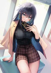 Rule 34 | 1girl, arm support, black hair, black sweater, blue eyes, blush, breasts, brown jacket, cellphone, earrings, fingernails, gold necklace, hair between eyes, head tilt, highres, jacket, jacket on shoulders, jewelry, kagawa ichigo, koibito wo ntr, large breasts, long fingernails, long hair, looking at viewer, nail polish, necklace, original, phone, picture frame, pink nails, plaid, plaid skirt, ribbed sweater, skirt, smartphone, smile, solo, sweater, thighs, triangle earrings