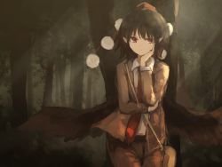 Rule 34 | 1girl, absurdres, bad id, bad pixiv id, bag, black hair, black wings, brown jacket, cowboy shot, forbidden scrollery, forest, hand on own cheek, hand on own face, hat, highres, jacket, light rays, looking at viewer, nature, necktie, pointy ears, pom pom (clothes), red eyes, red necktie, shameimaru aya, shameimaru aya (newsboy), short hair, solo, standing, sunbeam, sunlight, thkani, tokin hat, touhou, wings