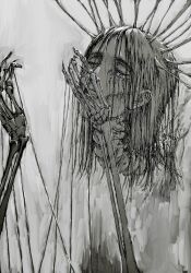 Rule 34 | 1boy, bone, brush stroke, clenched teeth, closed eyes, corpse, eren yeager, facial scar, filame (filamen0112), floating, grey background, greyscale, hair over eyes, hands up, highres, long hair, male focus, medium hair, monochrome, praying, puppet strings, scar, scar on cheek, scar on face, shingeki no kyojin, skeleton, solo, spine, spoilers, tearing up, teeth