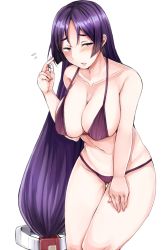 Rule 34 | 1girl, bikini, blush, breasts, cleavage, collarbone, embarrassed, fate/grand order, fate (series), full body, half-closed eyes, jirou (tamaho39), large breasts, leaning forward, lips, long hair, looking at viewer, low-tied long hair, minamoto no raikou (fate), parted lips, purple bikini, purple eyes, purple hair, revision, skindentation, solo, stomach, swimsuit, thigh gap, thighs, very long hair