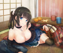 Rule 34 | 1girl, arm support, azuki yui, bare shoulders, black hair, blue eyes, blunt bangs, breasts, choker, cleavage, collarbone, food, frilled skirt, frills, fruit, grin, hair ornament, hairclip, large breasts, long sleeves, looking at viewer, lying, mandarin orange, medium hair, no bra, off shoulder, on side, original, over-kneehighs, parted lips, plaid, plaid skirt, pleated skirt, scrunchie, side ponytail, skirt, smile, solo, strapless, sweater, thighhighs, x hair ornament