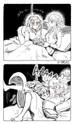 Rule 34 | 2girls, bed, biting, blush, book, breast sucking, closed eyes, dungeon meshi, elf, english text, falin touden, falin touden (tallman), feathers, heart, highres, kmraz6, marcille donato, monochrome, multiple girls, nipple biting, nipple stimulation, on bed, pajamas, pillow, pointy ears, reading, spot color, under covers, yuri