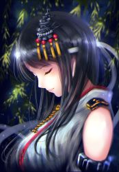 Rule 34 | 1girl, black hair, breasts, closed eyes, commentary request, detached sleeves, from side, fusou (kancolle), hair ornament, headgear, highres, japanese clothes, kantai collection, kazu (otonoki86), large breasts, long hair, nontraditional miko, solo, upper body