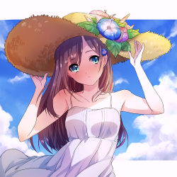Rule 34 | 1girl, aqua eyes, arms up, bare arms, bare shoulders, blush, breasts, brown hair, cloud, cloudy sky, collarbone, day, dress, eyes visible through hair, flower, hair flower, hair ornament, hair over one eye, hands on headwear, hat, hat flower, hozumi rino, long hair, looking at viewer, medium breasts, original, outdoors, sky, solo, straw hat, sundress, upper body, w arms, white dress, wind, wind lift