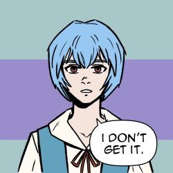 Rule 34 | 1girl, ayanami rei, blue eyes, brown eyes, commentary, english text, expressionless, lcr comics, multicolored background, neon genesis evangelion, school uniform, short hair, simple background, solo, tokyo-3 middle school uniform, upper body