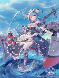 Rule 34 | 1girl, apron, artillery, azur lane, bare shoulders, blue hair, breasts, clam, clam shell, cleavage, detached sleeves, earrings, fake antlers, frilled apron, frilled hairband, frills, full body, gesoking, hairband, highres, holding trident, jewelry, juliet sleeves, leg up, long sleeves, looking at viewer, maid headdress, medium breasts, neptune (azur lane), official art, polearm, puffy sleeves, rigging, shell, shell earrings, shell hair ornament, solo, standing, standing on one leg, thighhighs, trident, walking, walking on liquid, weapon, white apron, white thighhighs, yellow eyes