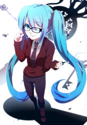 Rule 34 | 1girl, aqua eyes, aqua hair, bad id, bad pixiv id, bespectacled, foreshortening, fusuma (not found), glasses, hatsune miku, key, long hair, necktie, one eye closed, pants, perspective, solo, twintails, very long hair, vocaloid, wink
