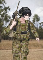 Rule 34 | 1girl, absurdres, ammunition pouch, assault rifle, australia, australian army, australian flag, avee (silent kookaburra), black hair, blue eyes, blurry, blurry background, body armor, bulletproof vest, bullpup, camouflage, camouflage jacket, camouflage pants, closed mouth, collarbone, commentary, commission, foregrip, gun, hair between eyes, handgun, headphones, headset, highres, holding, holding gun, holding weapon, holster, holstered, jacket, keiita, knee pads, laser sight, load bearing vest, long sleeves, magazine (weapon), military, optical sight, original, outdoors, pants, pouch, radio, radio antenna, rifle, scope, short hair, soldier, solo, standing, steyr aug, tactical clothes, trigger discipline, upper body, vertical foregrip, weapon, woodland camouflage