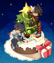 Rule 34 | 2boys, animal ears, black hair, blade master (elsword), blue background, blush, buckle, cat boy, cat ears, character doll, chibi, christmas, christmas tree, coat, diort, dual persona, elsword, expressionless, gift, kemonomimi mode, male focus, multicolored hair, multiple boys, pants, raven cronwell, reckless fist (elsword), shoes, suzu55, two-tone hair, veteran commander (elsword), white hair, yellow eyes