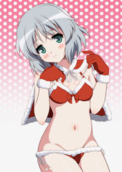 Rule 34 | 1girl, bikini, blush, breasts, capelet, christmas, commentary request, gloves, gradient background, green eyes, grey hair, groin, hat, highres, isa (ni-iro), navel, polka dot, polka dot background, red bikini, red capelet, red gloves, santa bikini, santa costume, sanya v. litvyak, short hair, side-tie bikini bottom, small breasts, smile, solo, strike witches, swimsuit, world witches series