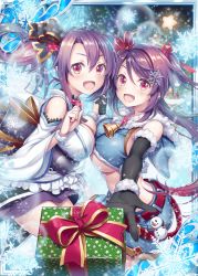 Rule 34 | 2girls, :d, akkijin, arm warmers, bare shoulders, bell, belt, black ribbon, box, breasts, christmas, christmas tree, cleavage, gift, gift box, gloves, hair ornament, hair ribbon, japanese clothes, kimono, large breasts, looking at viewer, multiple girls, official art, open mouth, purple gloves, purple hair, red eyes, red ribbon, ribbon, shinkai no valkyrie, short shorts, shorts, siblings, smile, snowflake hair ornament, snowflakes, snowing, snowman, star (symbol), twins, white kimono