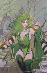 Rule 34 | 1girl, bare shoulders, breasts, closed mouth, collarbone, detached sleeves, enerjax, feet out of frame, final fantasy, final fantasy iv, fingernails, green eyes, green hair, green leotard, green lips, green thighhighs, hair ornament, highres, leotard, long fingernails, long hair, looking at viewer, medium breasts, messy hair, plunging neckline, rydia (ff4), signature, sitting, solo, star (symbol), star hair ornament, thighhighs, thighs, wavy hair