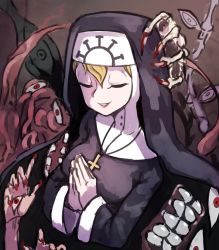 Rule 34 | 1girl, 2018, blonde hair, claws, cross, cross necklace, double (skullgirls), closed eyes, gazacy (dai), habit, highres, jewelry, monster girl, necklace, nun, parted lips, praying, red eyes, skullgirls, smile, solo