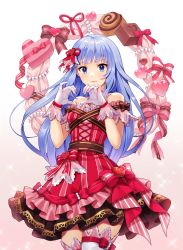 Rule 34 | 1girl, absurdres, bare shoulders, blue eyes, blue hair, blunt bangs, bow, box, brown bow, brown ribbon, candy, chocolate, closed mouth, commentary, cowboy shot, cross-laced clothes, detached collar, detached sleeves, dress, dress bow, food, frilled dress, frills, gem, glint, gloves, gradient background, hair bow, hair ornament, hands up, heart, heart-shaped box, heart hair ornament, heart hands, highres, idolmaster, idolmaster million live!, idolmaster million live! theater days, layered dress, light blush, long hair, looking at viewer, pearl (gemstone), pink background, pink bow, pinkiepies2, raised eyebrows, red bow, red dress, red ribbon, ribbon, shiraishi tsumugi, short sleeves, sidelocks, solo, sparkle, standing, strapless, strapless dress, striped bow, striped clothes, striped dress, striped ribbon, symbol-only commentary, thighhighs, valentine, vertical-striped clothes, vertical-striped dress, very long hair, white background, white gloves, white thighhighs, zettai ryouiki