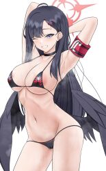 Rule 34 | 1girl, ahoge, areola slip, armband, armpits, arms behind head, arms up, bikini, black bikini, black choker, black hair, black wings, blue archive, blush, breasts, cameltoe, choker, commentary request, covered erect nipples, cowboy shot, grey eyes, grin, hair ornament, hairclip, halo, highres, ichika (blue archive), large breasts, long hair, low wings, micro bikini, navel, one eye closed, red armband, sakurein, simple background, smile, solo, stomach, sweat, swimsuit, teeth, very long hair, white background, wings